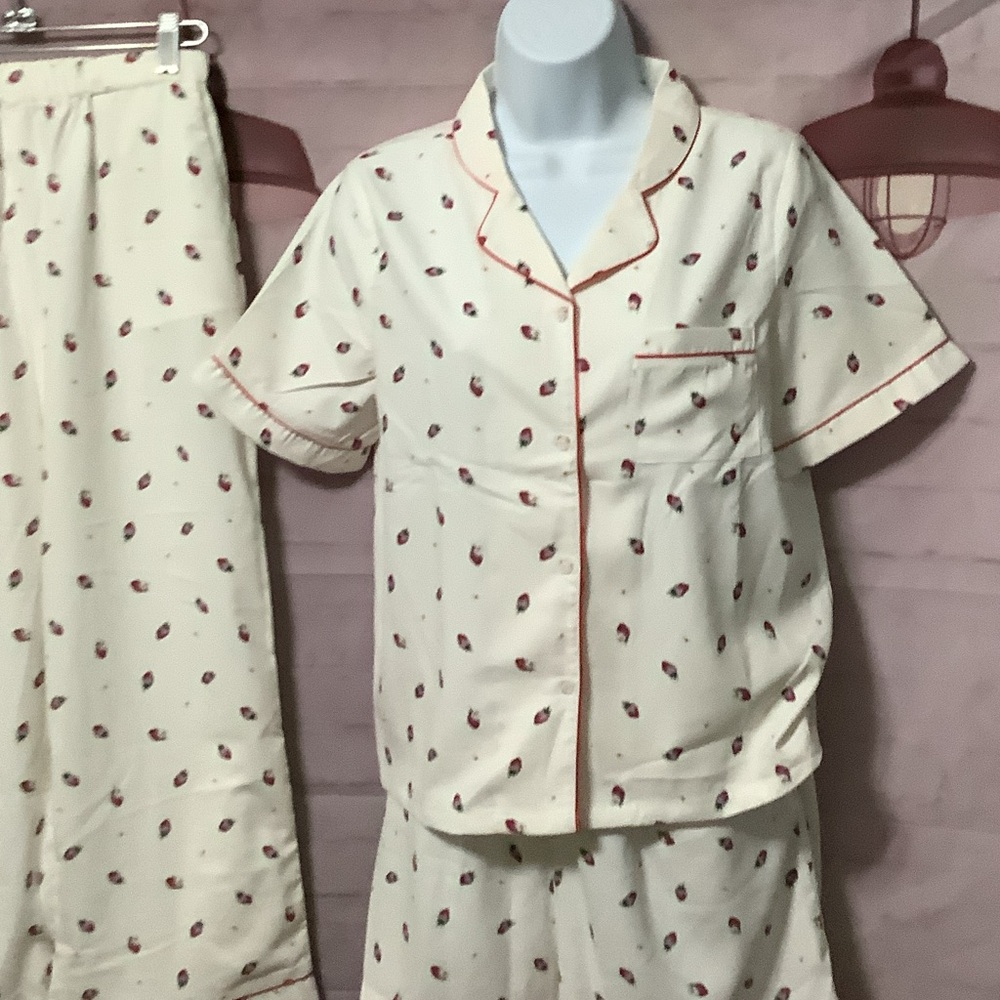 Cream Pajama Set 3pc. with Red Accents